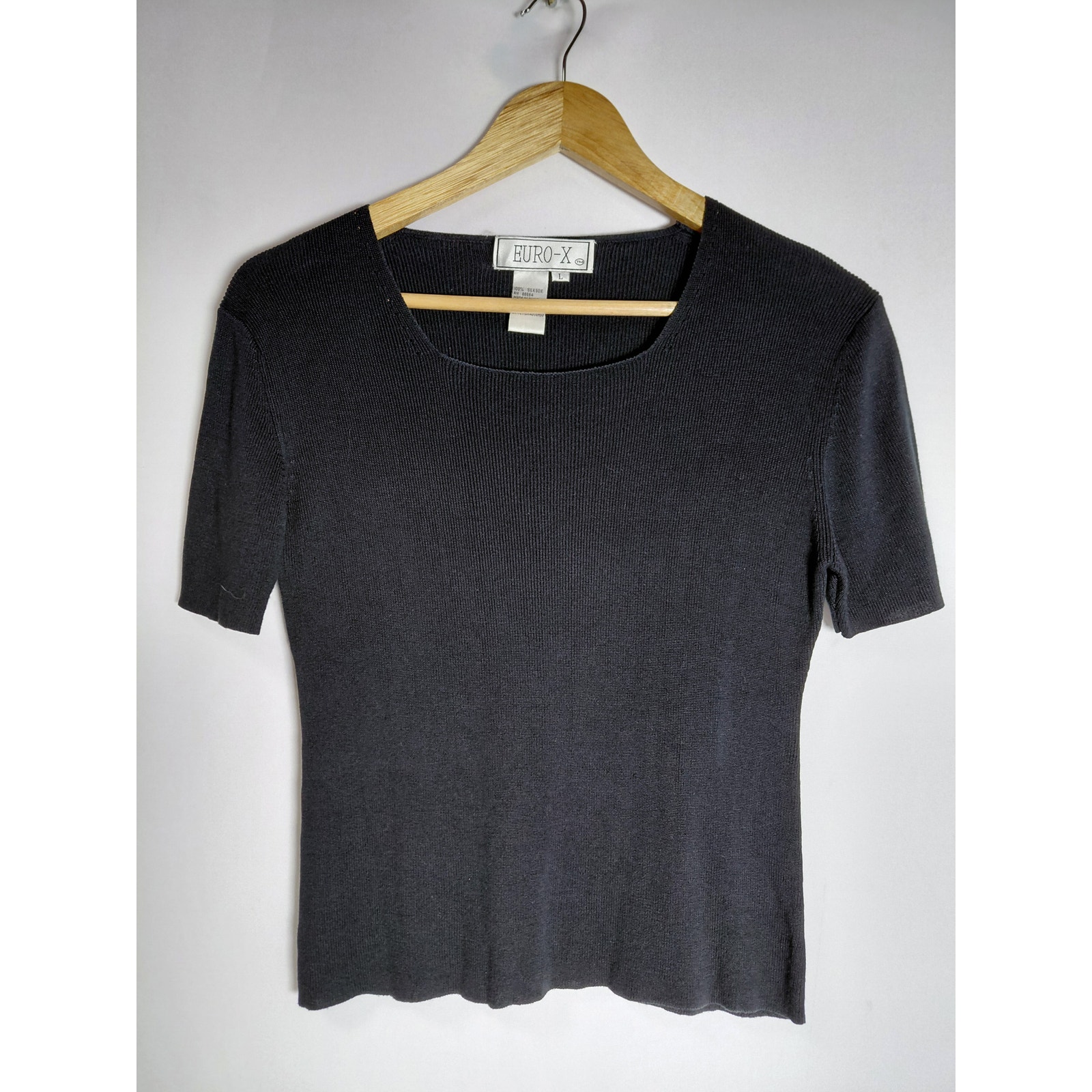 Euro-X Silk Black Top Solid Short Sleeve 100% Silk Women Size L